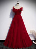 Niulatu tulle round neck long prom dress burgundy evening dress HZ1110