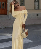 Niulatu Off The Shoulder Ruffles Cream Long Prom Dress Slit Party Evening Dress HZ1007