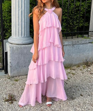 Niulatu Women's Pink A-line Tiered Prom Dress Pink Backless Evening Dress HZ1007