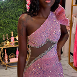 Niulatu Beaded Sequins Evening Dress One Shoulder Mermaid Prom Dress HZ1007