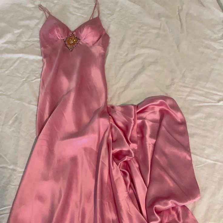Niulatu Pink Spaghetti Straps Satin Beaded Evening Dress Long Prom Dress HZ1007
