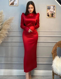 Niulatu Red Long Sleeves Evening Dress Simple Red Prom Dress HZ1007