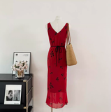 Cute A line V Neckline Red Floral Long Summer Dress For Women HZ1214