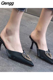 Niulatu Women Pumps Summer Mid-heel Shoes Stiletto Pointed Toe Rhinestone Decoration Luxury Sandals Ladies Sandalia Feminina Mules DJSE