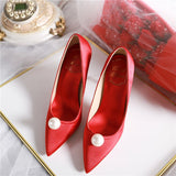 Niulatu New Elegant Ladies Bridal Wedding Party Shoes Pearl Satin Pumps Fashion Versatile Wedding High Heels Solid Color DJSE