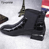 Niulatu Women Boots Shiny PU Leather Autumn Winter Shoes Womens Spuare Toe Block Heels Ankle Boots Female Botas Zapatos Mujer DJSE