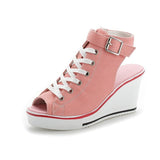 Niulatu Women's Height Increasing Platform Canvas Fish Mouth Shoes Open Toe Hollow Canvas Wedge Shoes Zapatos Para Mujer DJSE