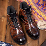 Niulatu Men High Top Boots Leather Round Toe Grid Pattern Square Heel Males Shoes Exquisite Leisure Design Men Boots Cowboy Boots DJSE