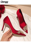 Niulatu Women Bridal Shoes Wedding Shoes High Heels Satin Silk Pumps Female Stiletto Luxurious Pointed Diamond Party Shoes DJSE