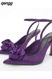 Niulatu Floral Pumps with Pointed Toe and Stiletto Slingback Strap Chunky Heels Party Prom Shoes Women DJSE
