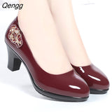 Niulatu Women Cute European Stylish Round Toe Black Pu Leather Square Heel Pumps Lady Casual Wine Red Comfort Summer Heel Shoes DJSE