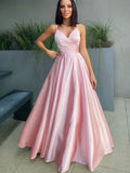 Niulatu Pink Spaghetti-Straps V-neck Long Prom HZ1007