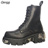 Niulatu Platform Women Ankle Boots Women's Motorcycle Boot Fashion Ladies Chunky Shoes Metal Decor Black BIG Women Boots New DJSE