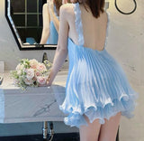 Niulatu A Line Halter Baby Blue Pleated Chiffon Short Homecoming Dress Birthday Dress HZ0113