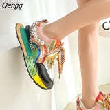 Niulatu Women's Shoes Lace Up Rainbow Pearl Chain Women's Vulcanized Shoes Thick Soled Sneakers Zapatos De Mujer Women's Shoes DJSE