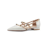 Niulatu Strap Cut Out D'orsy Studded Rockstud Patent Leather Rivet Flats T-Strap Buckle Walking Soft Women Shoes Travel Size DJSE