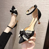 Niulatu Pearl Bowknot Pumps Women Pointed Toe Ankle Strap High Heels Shoes Woman 2025 New Thin Heels Wedding Prom Shoes DJSE