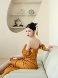 Niulatu Off The Shoulder Yellow Pleated Prom Dress Slit Evening Dress HZ1007