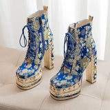 Niulatu crystal super high heels wedding party shoes women's silk embroidery flower platform ethnic Ankle boots FT1736 DJSE