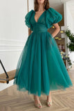 Niulatu Dark Green A-Line Tulle Evening Dress with V-Neck and Short HZ1007