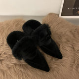 Niulatu Women Luxury Velvet Mules Pointy Toe Slip-on Fur Sandals Ladies Brand Design Outdoor Furry Slides Evening Party Heeled Shoes DJSE
