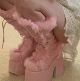 Niulatu High Platform Boots High Chunky Heel Round Toe Mid Calf Boots Elegant Women Casual Outfit Winter Cross Tied Shoes DJSE