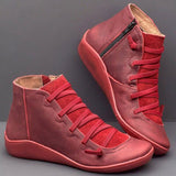 Niulatu Women's Casual Flat Leather Retro Lace-up Boots Side Zipper Round Toe Shoe Leather Ankle Boots Zapatos Mujer Wram Botas DJSE