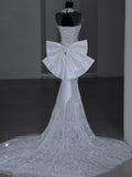 Niulatu Mermaid Scoop Neckline Cap Sleeves Tulle White Long Wedding Dresses With Bow HZ1110