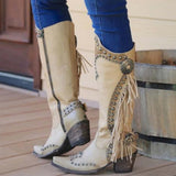 Niulatu On Sale Vintage High Quality Fringe Rivet Pointed Toe Western Boots For Women Chunky Heel Autumn Ladies Shoes DJSE