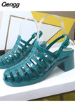 Niulatu Women's Jelly Sandals Woman Summer Hollow Out Shoes Women Buckle Mid Heels Ladies Footwear Female Outside Beach Slides DJSE