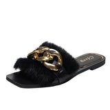 Niulatu Size Plush Furry Fluffy Women Slippers White Flat Outdoor Autumn Shoes Fashion Chain Fur Slipper Slip on Woman Mules DJSE