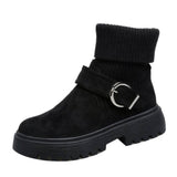Niulatu Women Shoes 2025 Winter Fashion Knitting Booties Women Belt Buckle Plus Velvet Platform Boots British Style Martin Botas DJSE