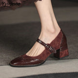 Niulatu Mary Jane Women's Shoes Fashion Retro Buckle Shallow Pumps Square Toe Thick Heel Handmade Shoes Woman Size DJSE