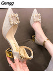 Niulatu High Heels Pumps Women Elegant Pearl Buckle Square Heels Wedding Party Shoes Ladies Pointed Toe Ankle Strap Pumps DJSE