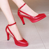 Niulatu Pointed Toe Crystal Platform Pumps Women 2025 Soft Leather Strap Ankle Thin High Heels Wedding Shoes Bride White Red DJSE