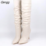 Niulatu Pleated Knee High Boots Women Autumn Winter Super High Heels Long Boots Ladies Popular Party Shoes Black White DJSE