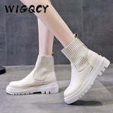 Niulatu Woman Slip-On Shoes Woman Fashion Knitted Elastic Round Toe Short Boots Platform Square Heels Leather Boots Women DJSE