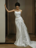 Niulatu White Mermaid One Shoulder Satin Lace Pleats Wedding Dress SD1738
