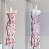 Cute Mermaid Spaghetti Straps Pink Floral Long Summer Dress For Women HZ1214