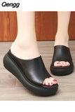 Niulatu 7.5cm Platform Wedges Women's Shoes Thick Heel Open Peep Toe Sandals Leather Summer Style Slide Black Shoes DJSE