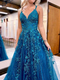 Niulatu Lace Glitter Tulle Prom Dress Long Ball Gown V Neck Formal Evening Dress Maxi Party HZ1007
