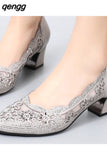 Niulatu Fashion Hollow Out Genuine Leather Pumps Women Shoes Med Heels Square Heel Mesh Ladies Office Shoes Crystal AD299 DJSE