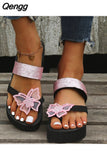 Niulatu Women Sandals Summer Platform Wedge Beach Indoor Slippers Rhinestone Butterfly Flip Flops Shoes Female Elegant Slides Plus Size DJSE