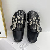 Niulatu Women Slippers Platform Rivets Punk Rock Leather Mules Creative Metal Fittings Casual Party Shoes Female Outdoor Slides DJSE