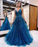 Niulatu Lace Glitter Tulle Prom Dress Long Ball Gown V Neck Formal Evening Dress Maxi Party HZ1007