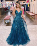 Niulatu Lace Glitter Tulle Prom Dress Long Ball Gown V Neck Formal Evening Dress Maxi Party HZ1007
