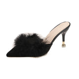 Niulatu Women High Heels Shoes 2025 Summer New Fur Pointed Toe Thin Heels Women Mules Dress Party Outside Ladies Slippers Plus Size 42 DJSE