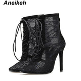 Niulatu 2025 New Mature Mesh Women Boots Floral Lace-Up Thin High Heels Ankle Pointed Toed Party Wedding Shoes Black Size DJSE