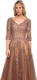 Niulatu Women's V-Neck 3/4 Sleeve Mother of The Bride Dress A-line Tulle Lace Appliques Long Formal Party Dress HZ1007