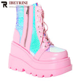 Niulatu Womens Fashion Hot Sale Short Ankle Pink Boots Sweet Cute Platform Wedges Goth Boots Zipper Lace Up Shoes Woman Brand New Casual DJSE